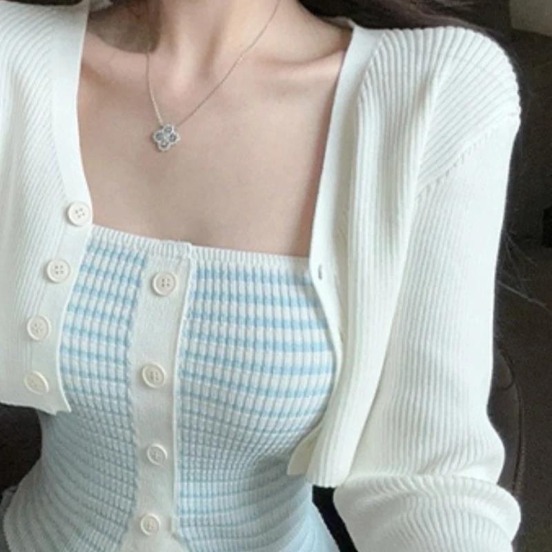 

Women Casual Chic Striped Buttoned Sleeveless Top Long Sleeve Cropped Cardigan