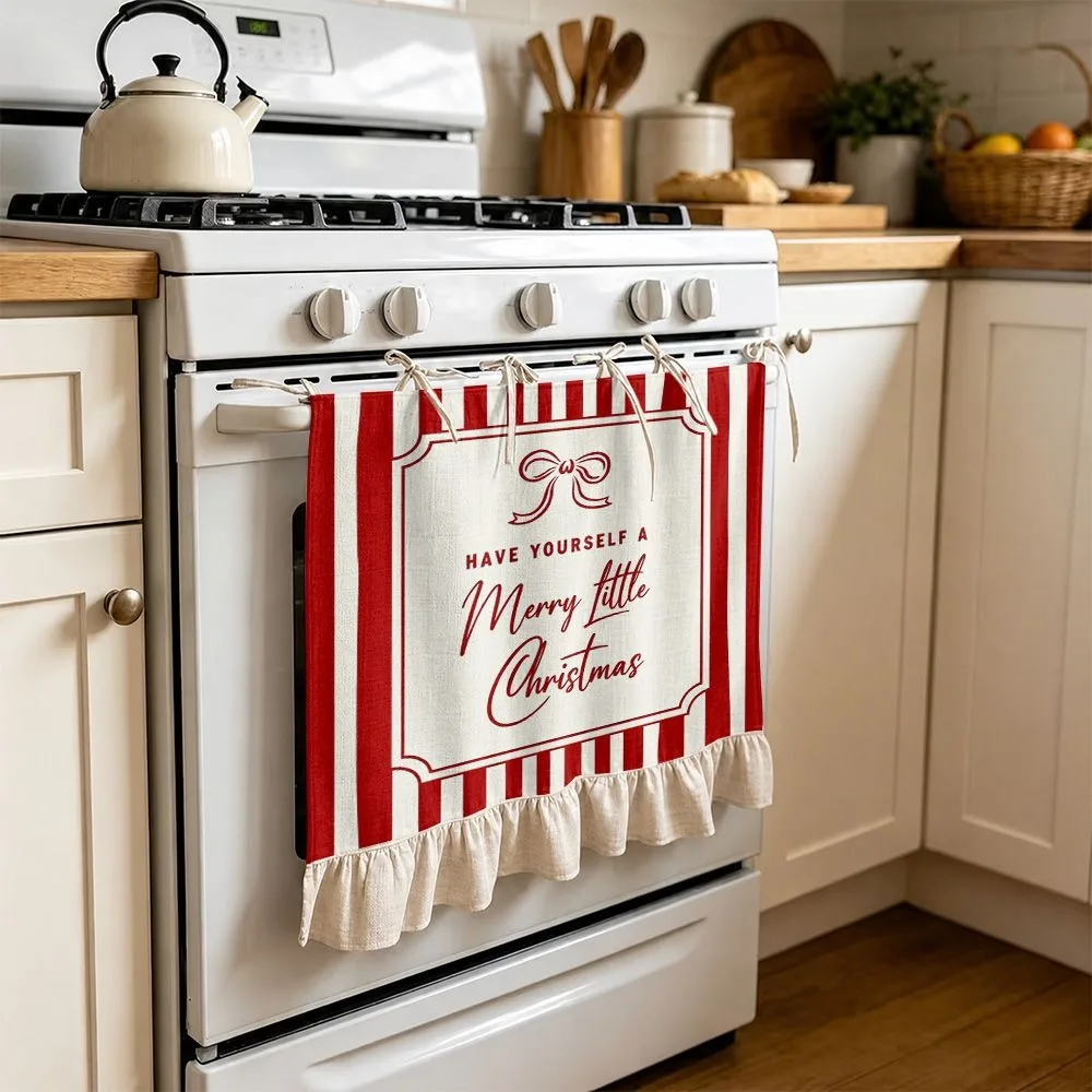 Lace-up Design Christmas Oven Curtain Ruffled Edge Decorative Cabinet Curtain Red and White American-style Kitchen Stove Curtain