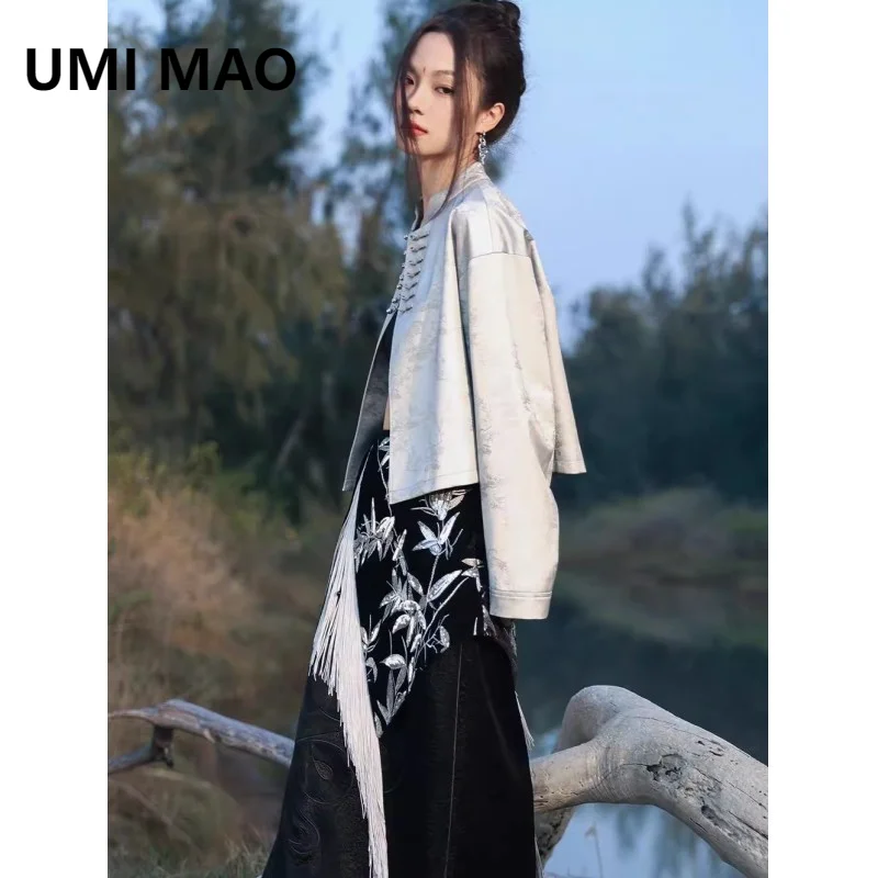 UMI MAO Silver Grey Embossed Leather Jacket Women's New New Chinese Style Dark Pattern Stand Up Collar High Waist Short Top