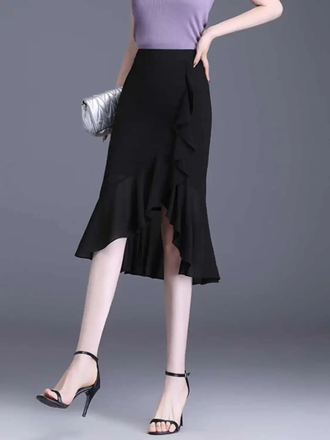 

Tight Midi Black Chiffon High Waist Women's Skirt Ruffle Wrap Y2k Vintage Korean Fashion New in V Summer 2025 Female Skirts