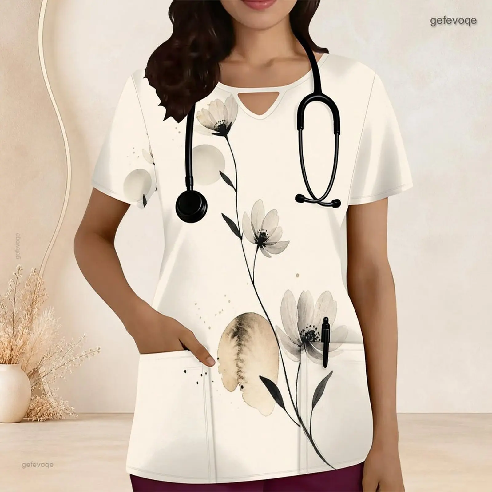 Women Printed Scrub Top Keyhole Neck Short Sleeve Front Pockets