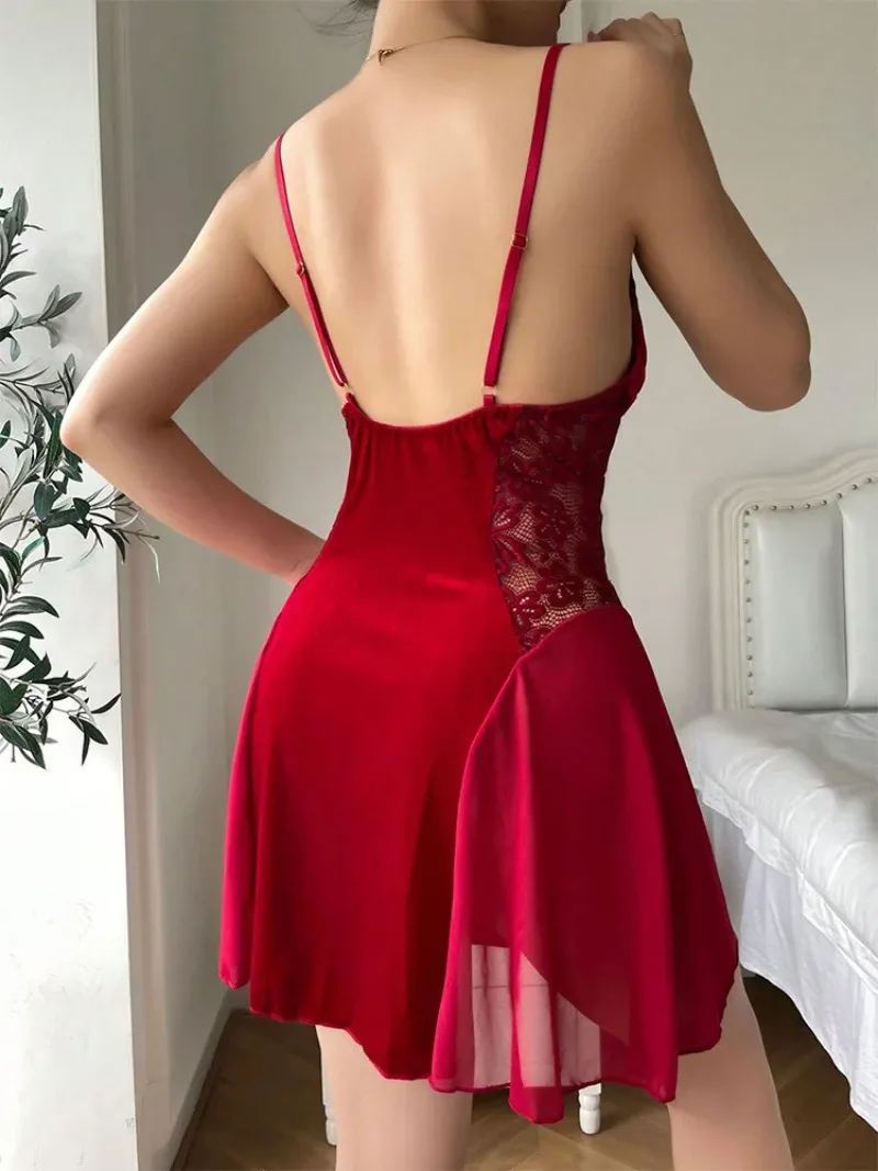 FANAN Sexy Velvet Mesh Splicing Sling V-neck Fit and Flare Dress Elegant Pure Colour Temperament Girl Dew Shoulder Dresses New
