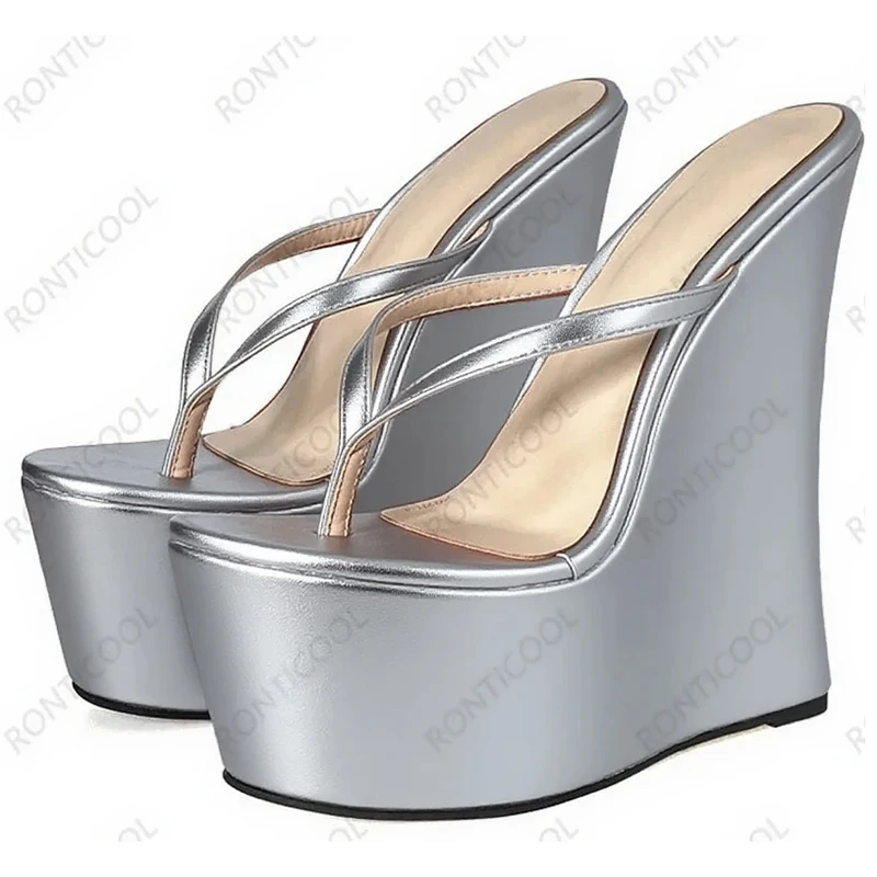 NONE Ronticool Handgemachte Damen Sommer Pantoletten Sandalen Keile High Heels Runde Zehen Schwarz Cosplay Schuhe Damen US Plus Größe 4-15 6