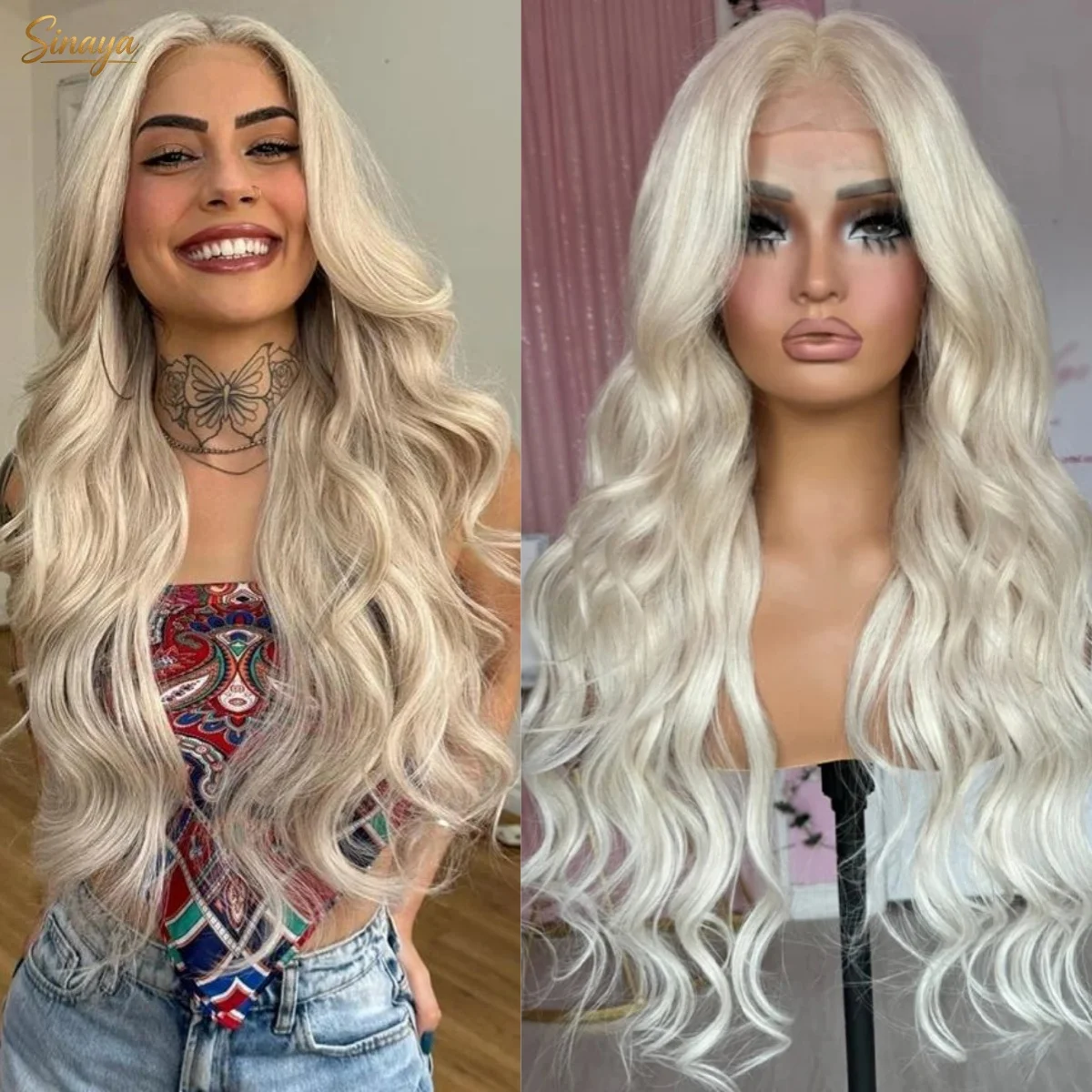 White Wig Natural Wavy Lace Front Wig 13x4 Hd Middle Part Synthetic And Blend Pre Plucked Cosplay Beginners Daily Party Use