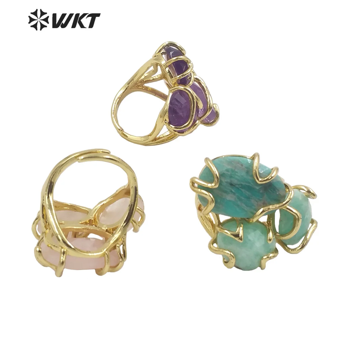 WT-R419 Wholesale Amazing Gorgeous Prong Setting Triple stone Ring Rose quartz Party Ring Precious gemstone Lover Ring for girl