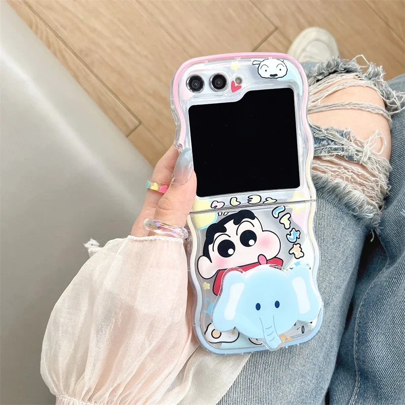 Anime Cartoon Noharas Shinnosukes with Bracket Phone Case for Samsung Galaxy Z Flip 3 4 5 5G PC Hard Wave Clear Back Cover Funda