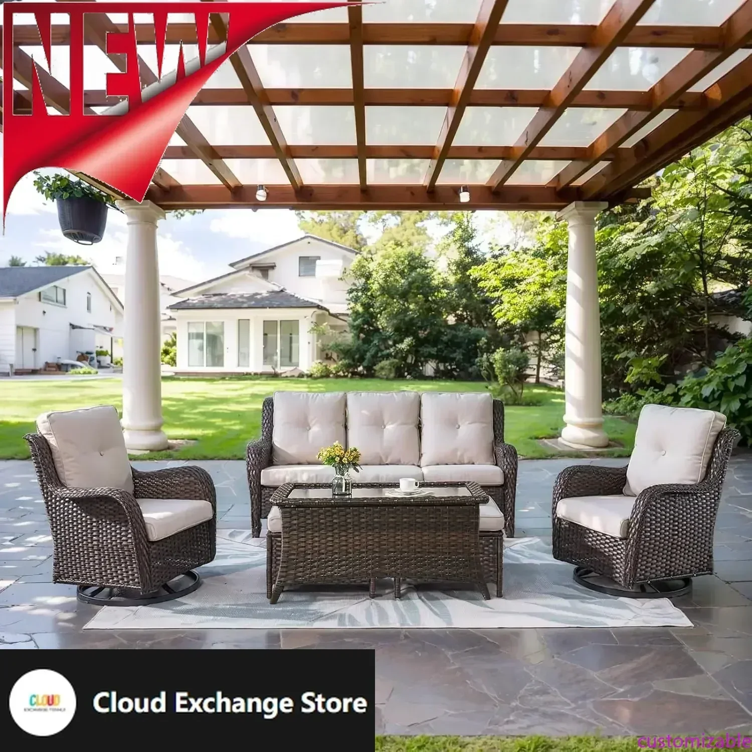 

Customizable-Wicker Outdoor Furniture Patio Furniture Set - 6 Piece Patio Conversation Set With Swivel Rocker Chairs, Rattan Sof