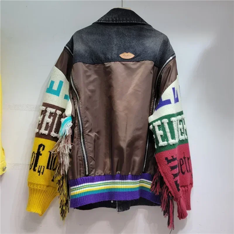 معطف الدنيم ذو شارة الأبجدية، سترة محبوكة بأكمام مقسمة، سترة جينز مهدبة، ملابس الشارع، سترة صوف #4