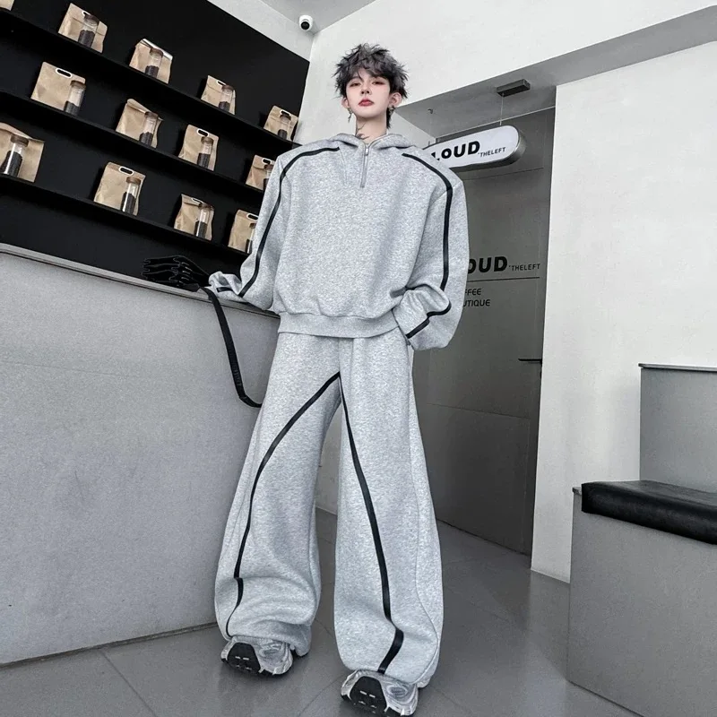 Conjunto de Casaco e Calças com Zíper Estilo Y2K para Homens, Moda Chic e Tendência, Roupas de Inverno para Festas e Noites em Clubes