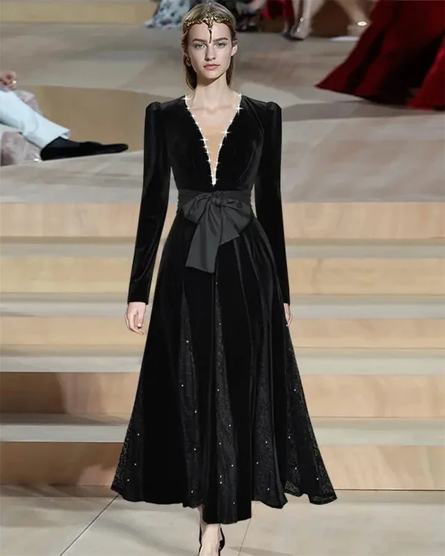 Little Daisy CustomizedSequined Ruched Celebrity A-line V-neck Bespoke Occasion Gown Midi Dresses