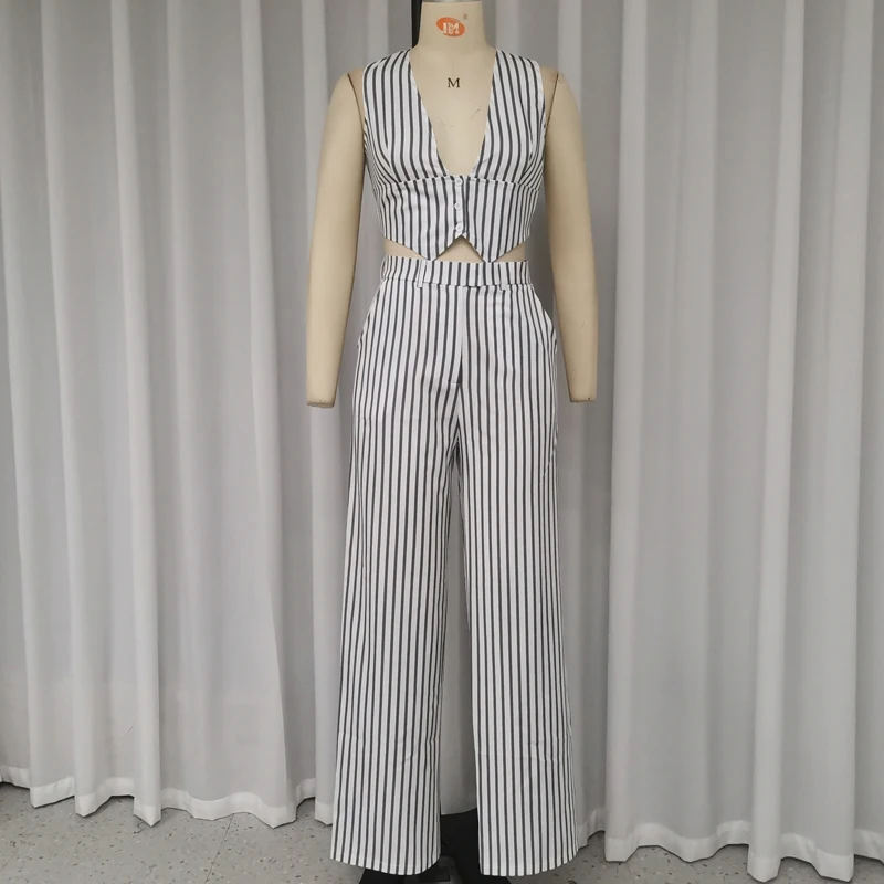 Wefads Women 2 Piece Set Summer Office Striped Print Sleeveless V Neck Single Breasted Button Vest Top Loose Wide Legs Pants Set