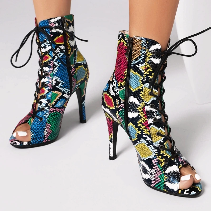 Peep Toe Short Boots Ladies Sexy Summer Shoes Leopard Party Dance Shoes Lace-up High Heel Ankle Boots For Women Large Size 45 - view 4