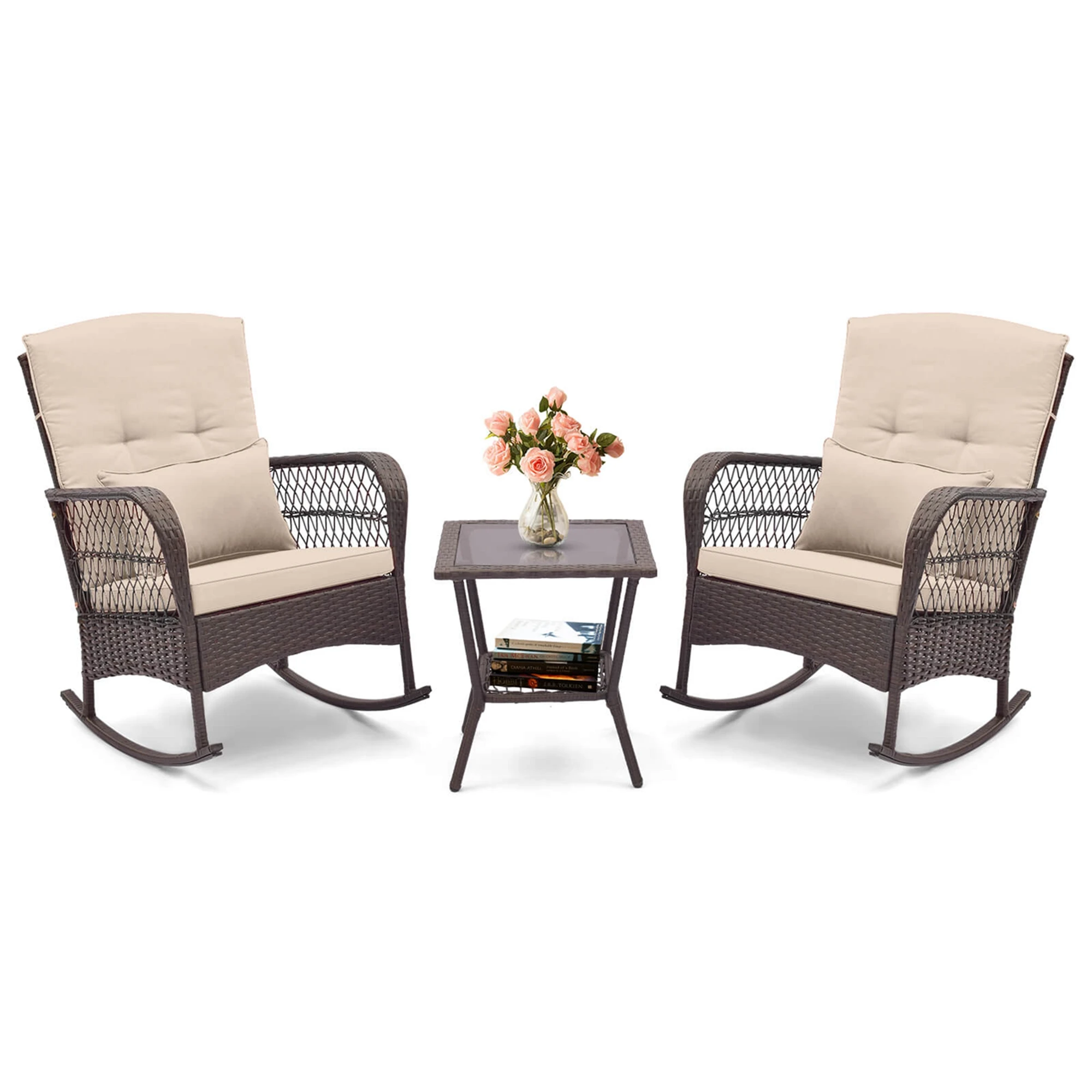 3 PCS Patio Rocker Set Outdoor Wicker Rocking Chairs with Double-Layer Coffee Table Beige