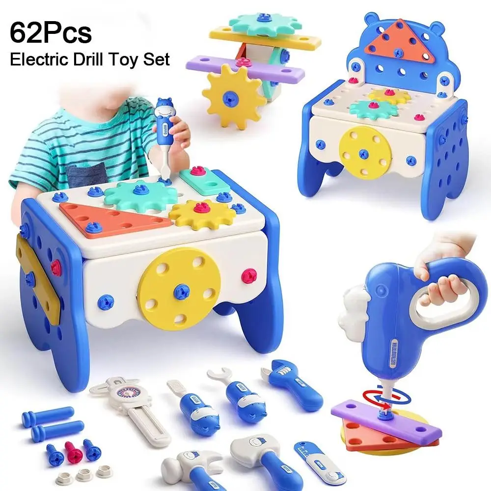 62 pezzi Set di giocattoli per bambini in plastica con scatola Simulazione Strumento di riparazione Giocattolo Blocchi di costruzione Assemblaggio Cassetta degli attrezzi di riparazione da 3 a 6 anni