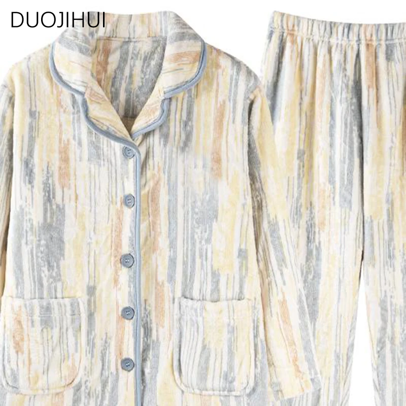 Duojihui-conjunto de pijamas de duas peças para mulheres, cardigã solto e chique com botão, calças simples e flanela, outono