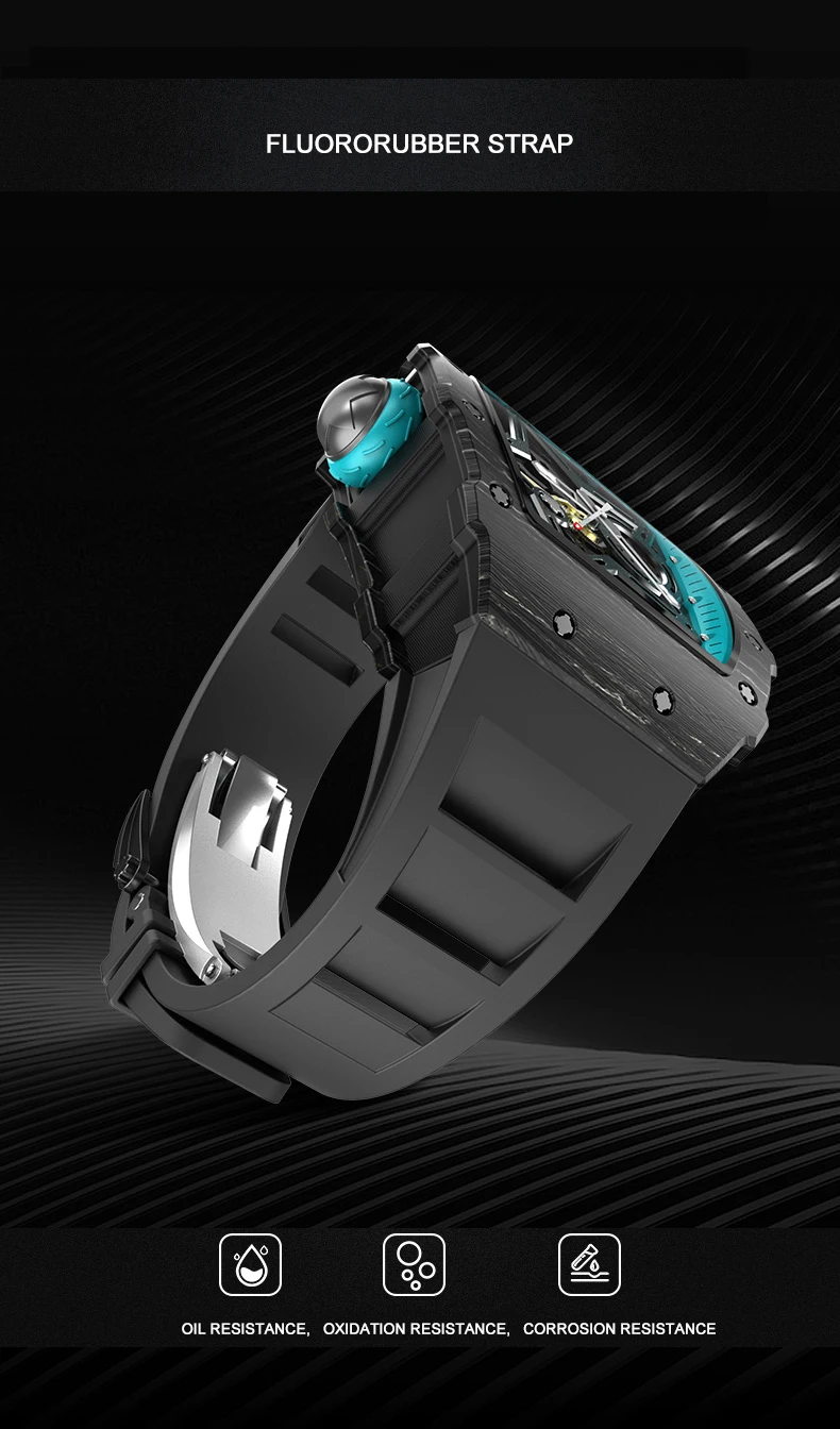 CRONUSART Men Automatic Watch Tonneau Carbon Fibre Case Mechanical Wristwatch Luminous Fluororubber Strap Skeleton Dial
