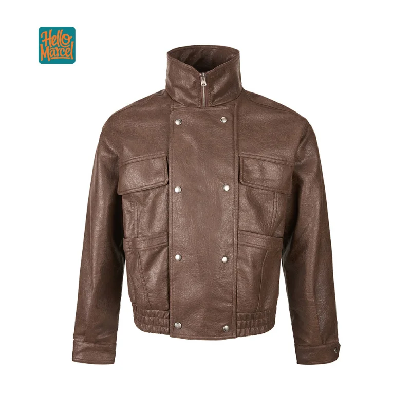 HELLOMARCEL Luxury Quality Retro Motorcycle Jacket Autumn/Winter Stand Collar Crop Wide Boxy Fit Travel Work PU Leather Jacket.