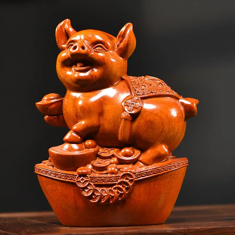 Rosewood Carved Lucky Pig Ornament Chinese Zodiac Three Harmony Animal Living Room Creative Red Wood Craft Gift