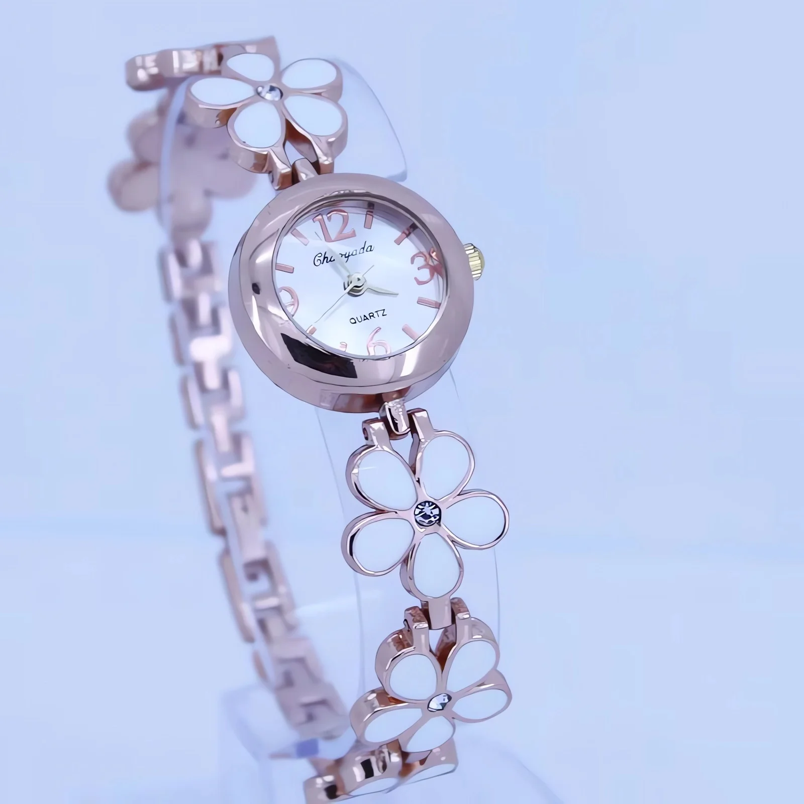 Women Flowers Alloy Strap Crystal Quartz Fashion Rhinestone Wristwatch
