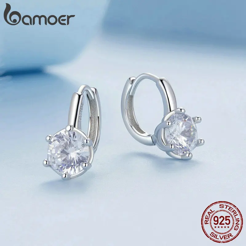 

Серьги-кольца Bamoer с цирконием, классический дизайн с креплением на зубцах, из стерлингового серебра 925 пробы, женские, изысканные ювелирные изделия, отличный подарок