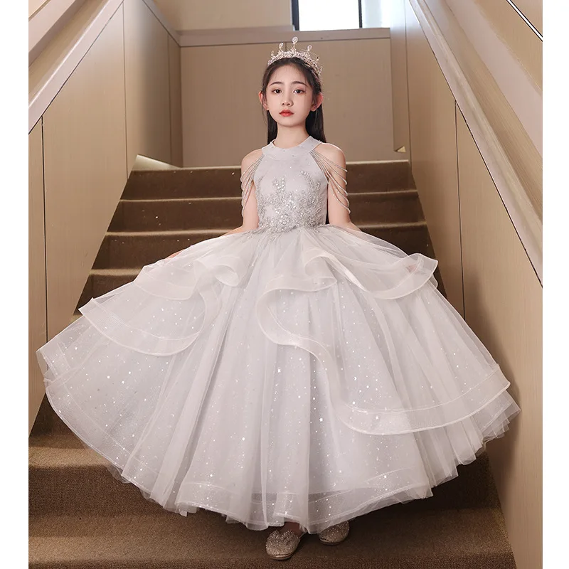 Luxurious grey Flower Sequin bead Sleeveless girl Dresses kids dance party gauze dress For Weding Birthday Banquet Long Gown