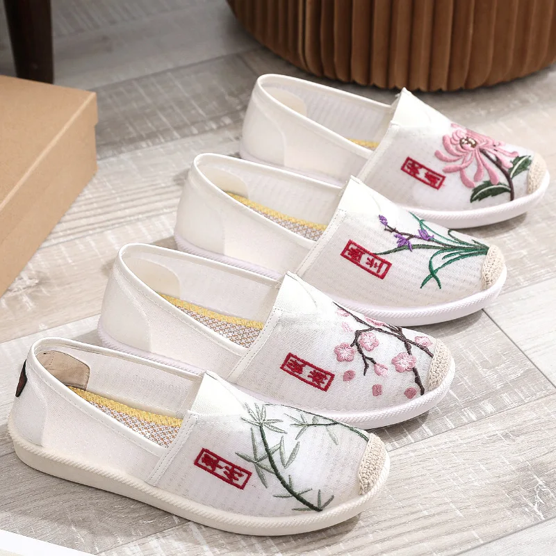 XIHAHA Vintage Mesh Shoes Handmade Women Soft Cotton Fabric Embroidered Flat Shoes Comfortable Ladies Walking Sneakers with