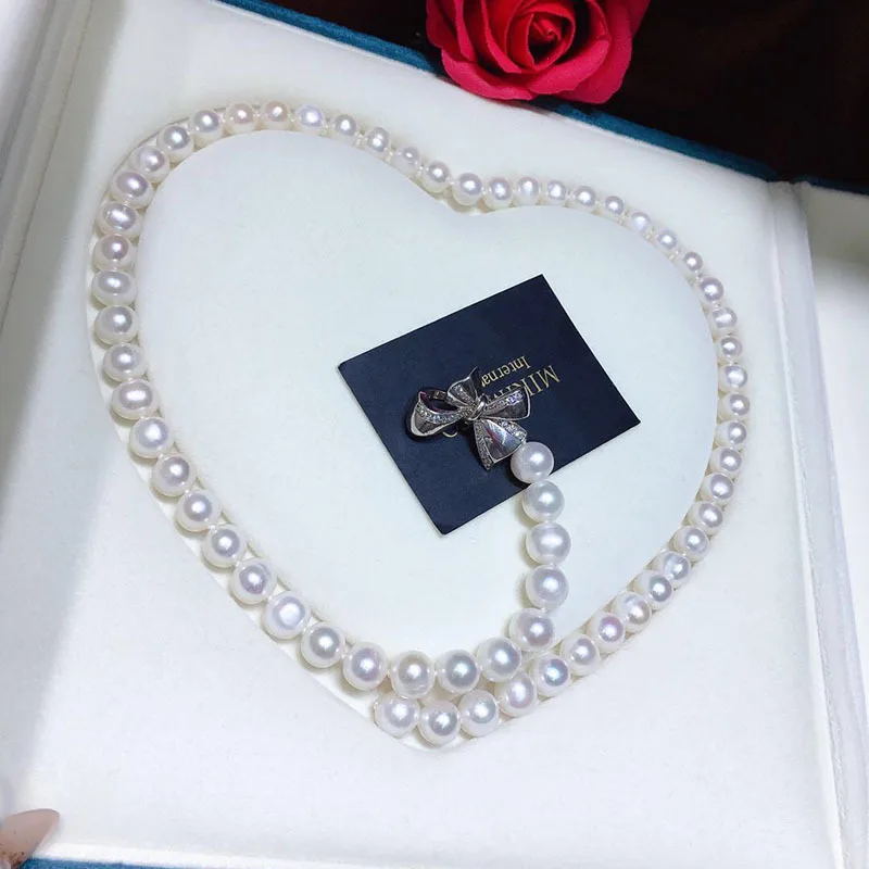 

Freshwater White Pearl Necklace Celebrity Style 8-9mm with Bowknot Clasp Adjustable Chain Fashion Simple Jewelry 149