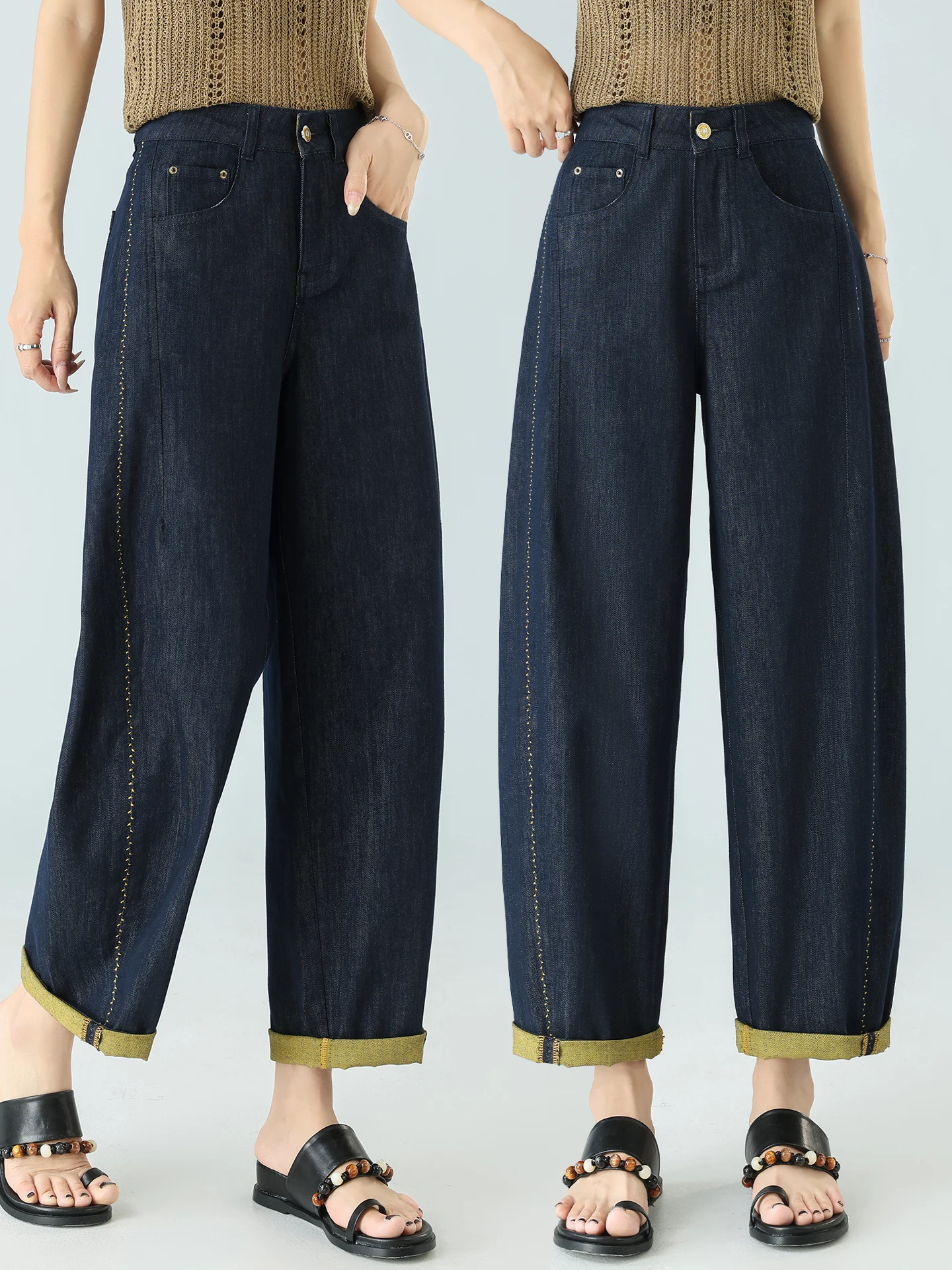 

High Waist Slimming Nine-Piece Denim Blue Bent Knife Jeans Women Summer Thin New Style Casual Loose Cotton Polyester Blend