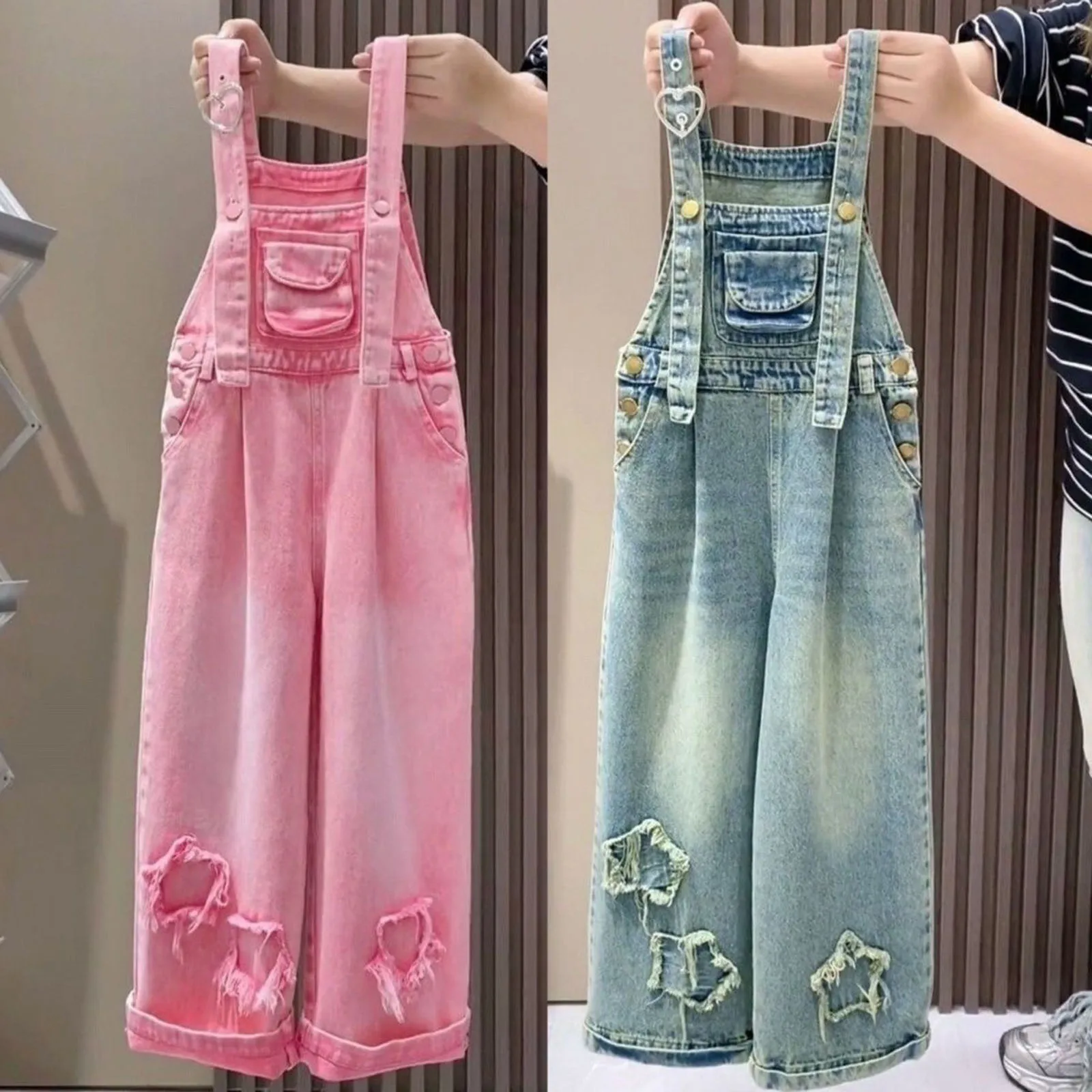 

2025 Jeans Jumpsuits Girls Denim Overalls Suit Fashionable Loose Pants Streetwear Bottom For Middle And Large Girl Trousers
