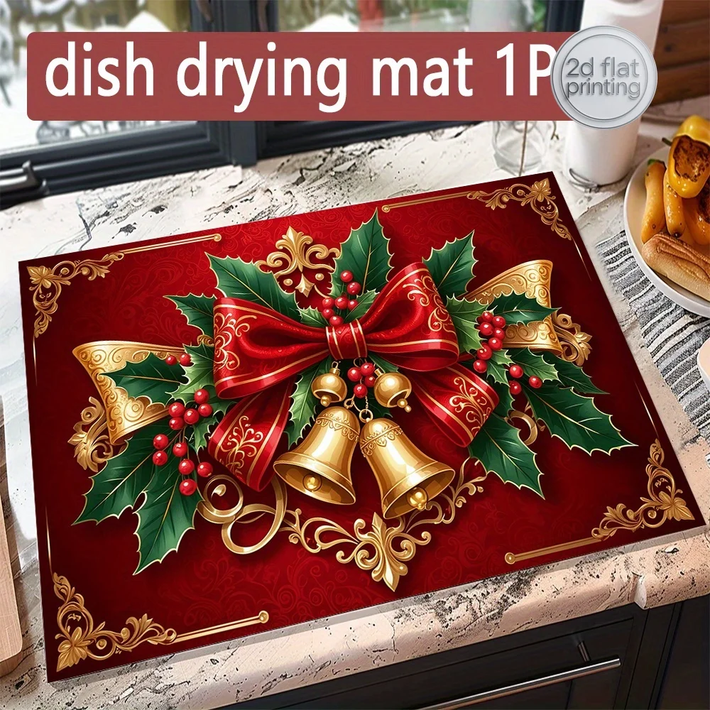 1pc, Polyester Product, Christmas, Red Background with Christmas Bell and Bow Decorative Print, Kitchen Absorbent Mat, Bar Count