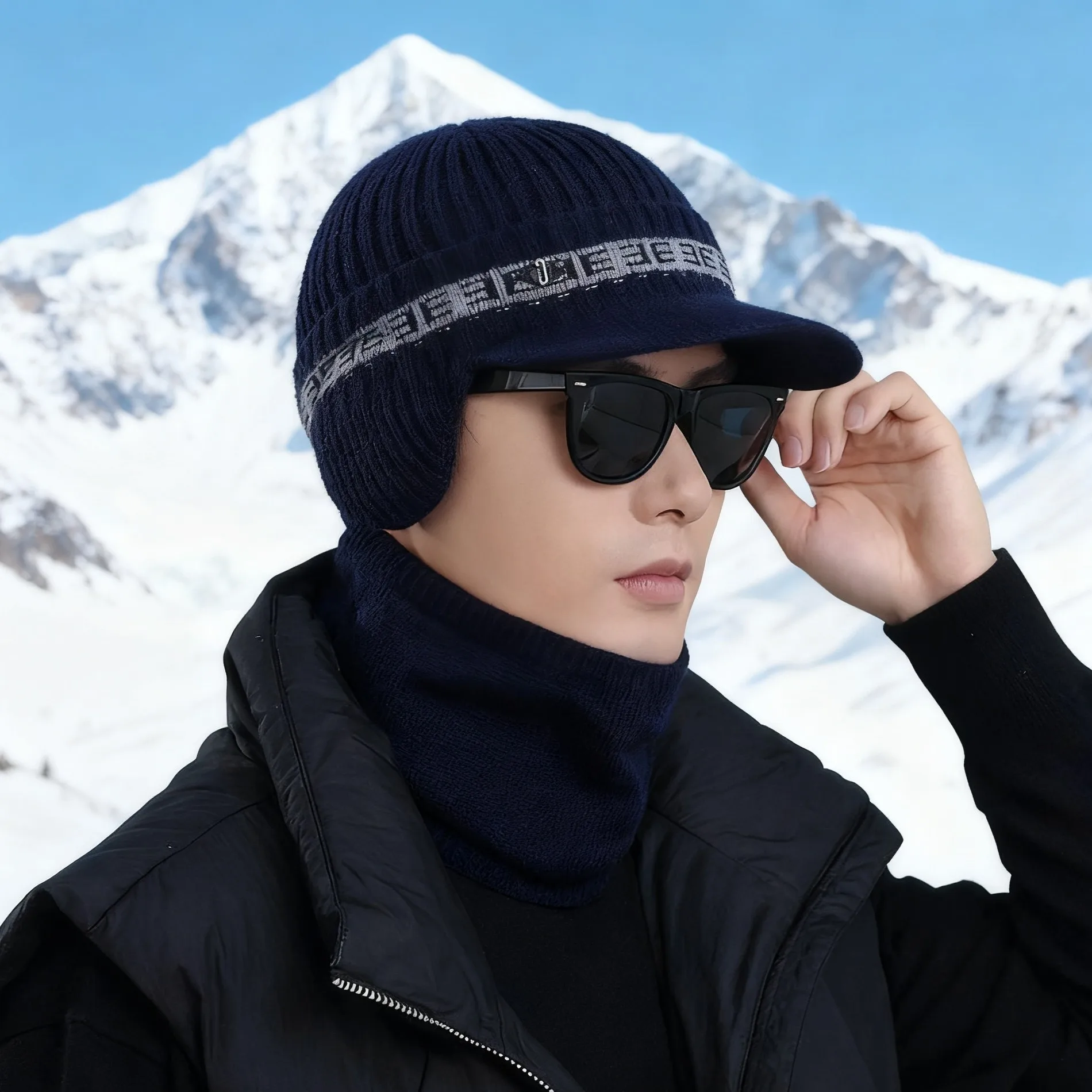 الرجال الشتاء قبعة طقم أربطة عنق 2 قطع الشتاء مجموعة الذكور في الهواء الطلق الصوف الدفء قناع بيني و وشاح مجموعة جديد 2025 الشتاء Hot البيع