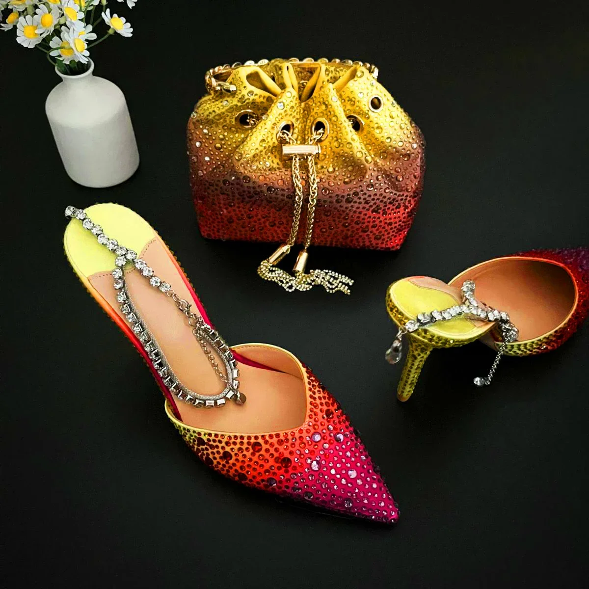 CHMURY Pointed Toe Rhinestone Heels and bag Set for Women Luxury Wedding