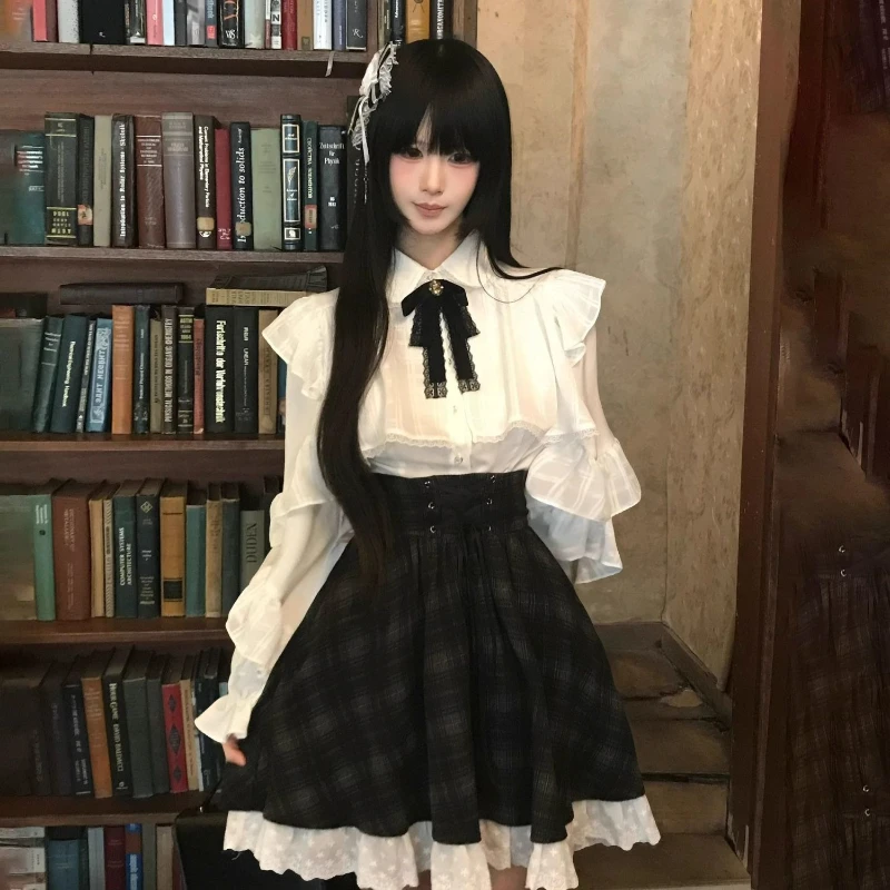 

Japan Elegant Lolita Kawaii 2000s 2 Piece Skirt Sets Sweet Bow Long Sleeve Blouse + Slim Plaid Skirts Y2k Harajuku Vintage Suits