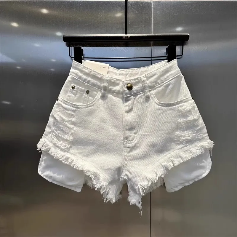 

White Fringed Spicy Girl Pocket Denim Wide Leg Pants A-line Hot Pants Show Long Legs with Holes Beggar Shorts for Women
