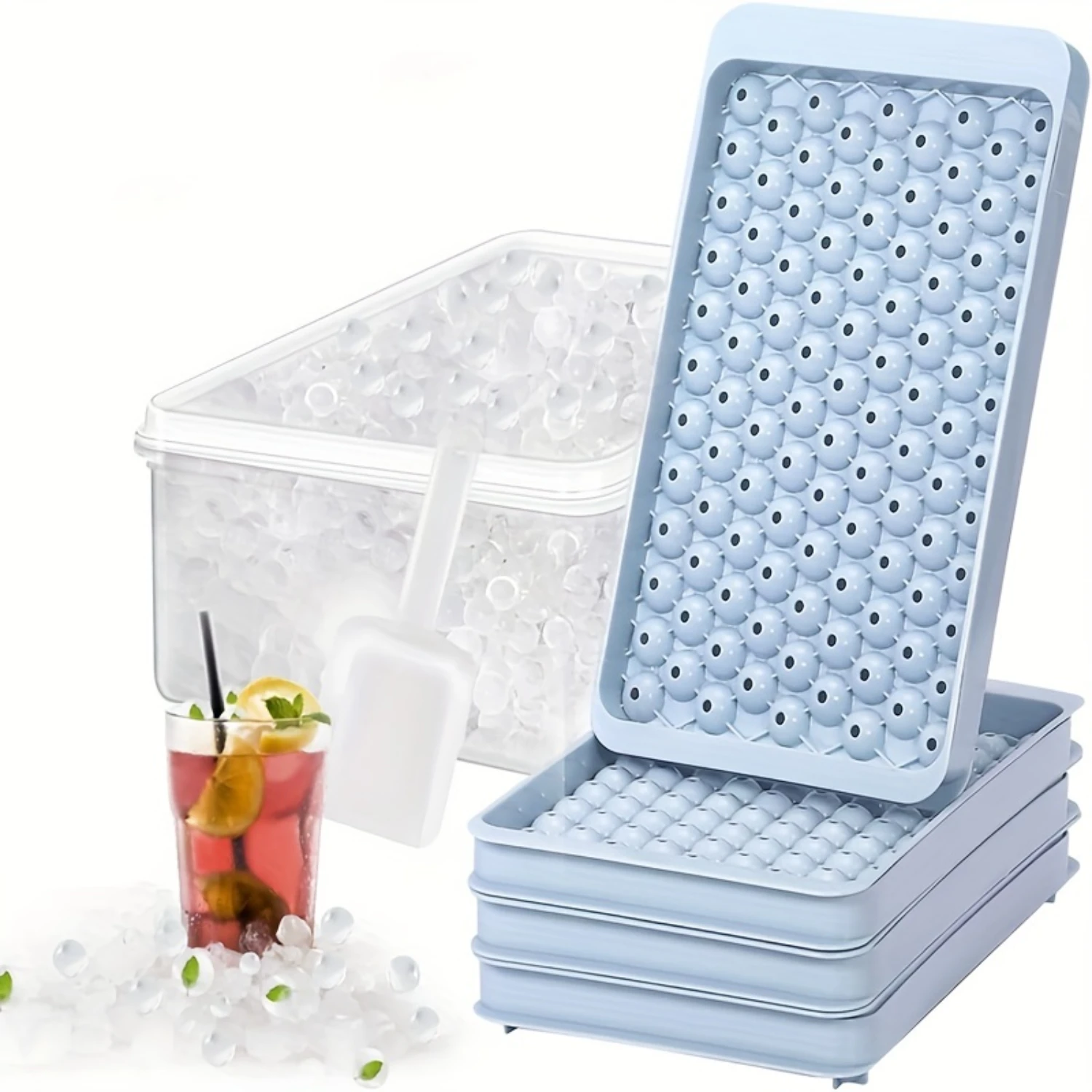 4 unids/set, molde para cubitos de hielo, bandeja de hielo para congelador con cuchara para hielo y caja de hielo, molde para cubitos de hielo fácil de liberar con caja para refrigeración