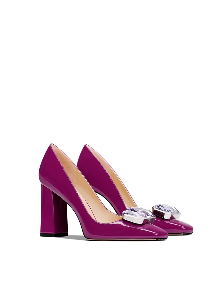 

Spring new square toe shallow mouth thick heel crystal single shoes banquet dress large size small size high-heeled women's shoe