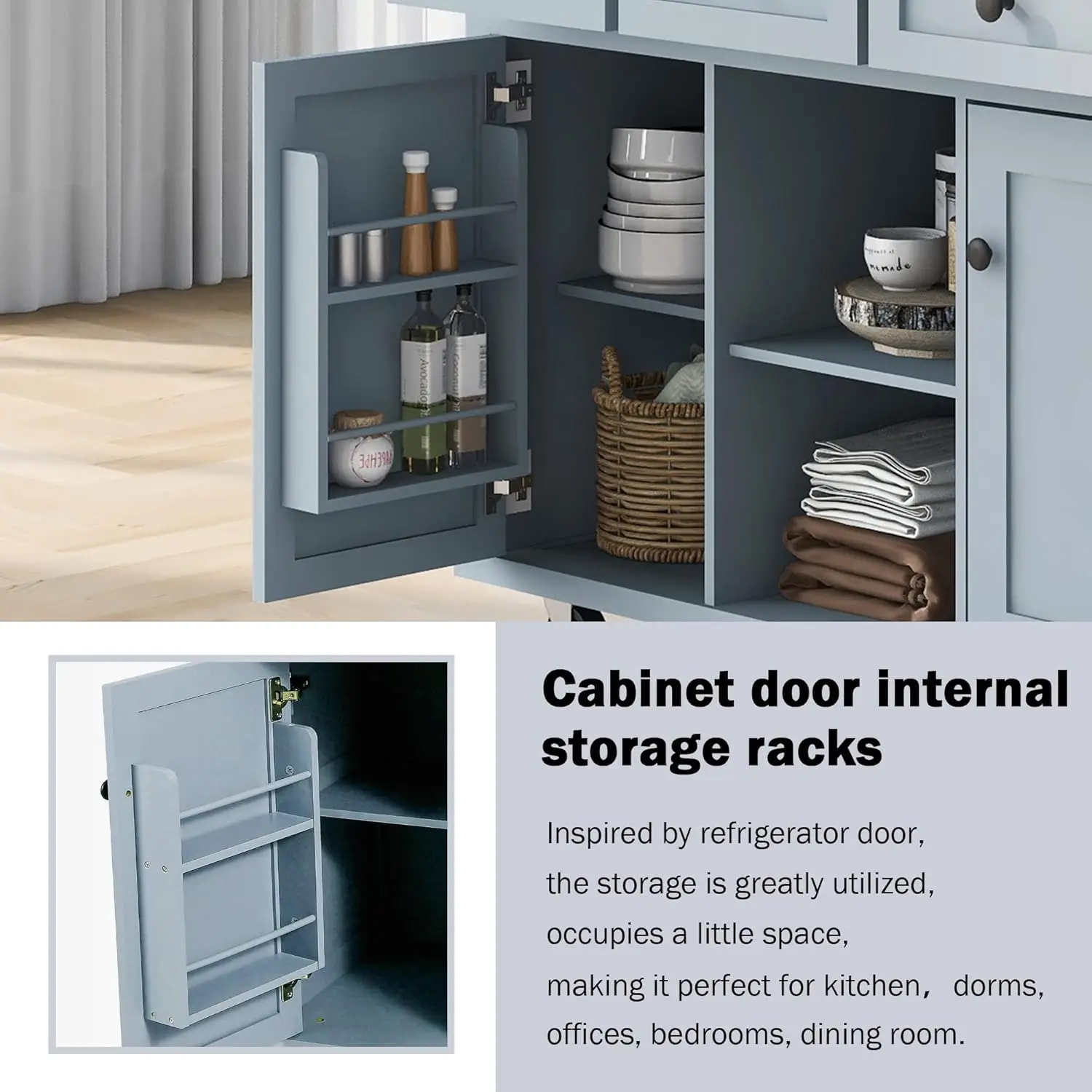 Grey Blue Kitchen Island with Storage Featuring Rubber Wood Drop-Leaf Countertop Cabinet Door Internal Storage Racks