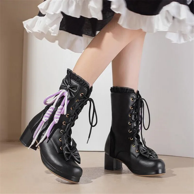 Size28-43 Sweet Bow Girls Boots Lolita Women Platform Ankle Boots High Heels Girls Princess Wedding Party Shoes Black White Pink