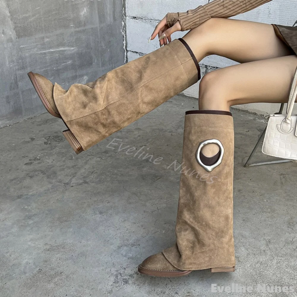 

Trouser Boots with Hole Design Women Square Toe Chunky Heel Slip On Black Western Cowboy Boots New Versatile Knee High Boots