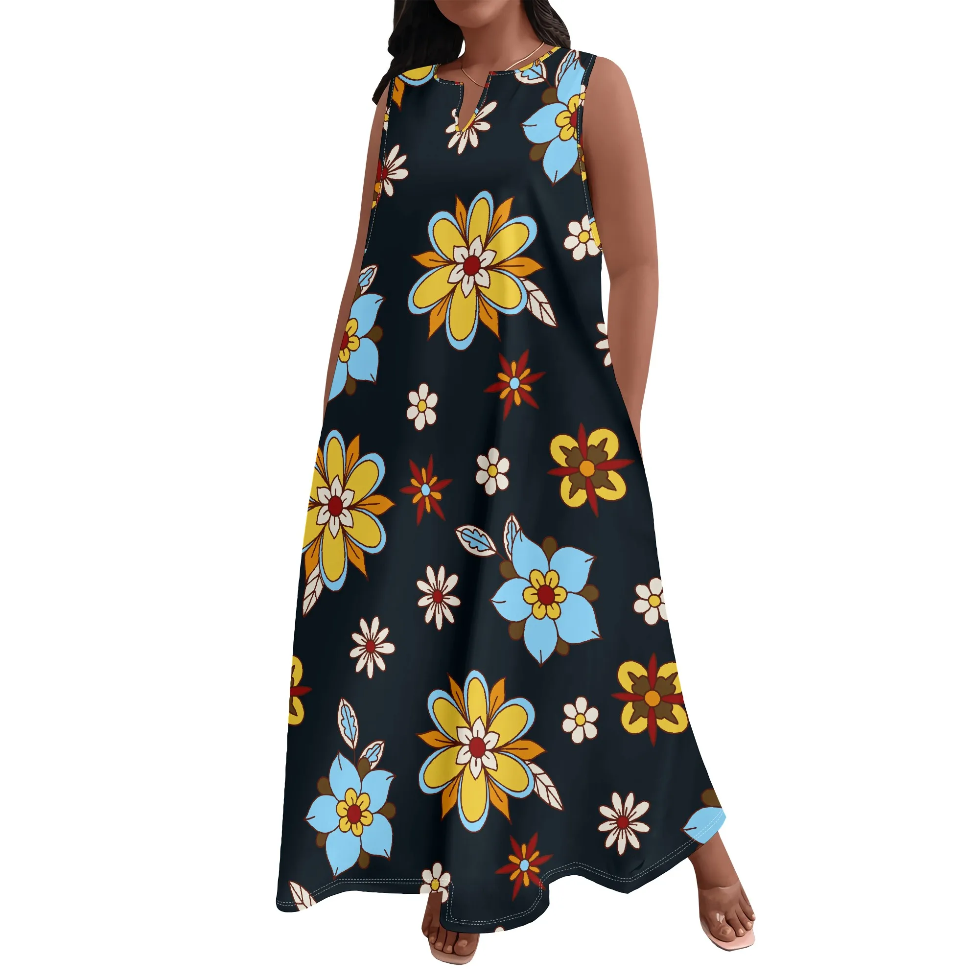 プラスサイズの女性の夏のファッションプリントアフリカスタイルノースリーブラウンド V ネックドレスルーズでカジュアルなドレス