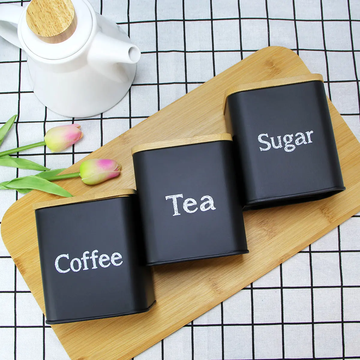 3 pcs Coffee Sugar Tea Jars Kitchen Storage Canister Set Round Square Tea Biscuit Storage Tank With Covers White Black