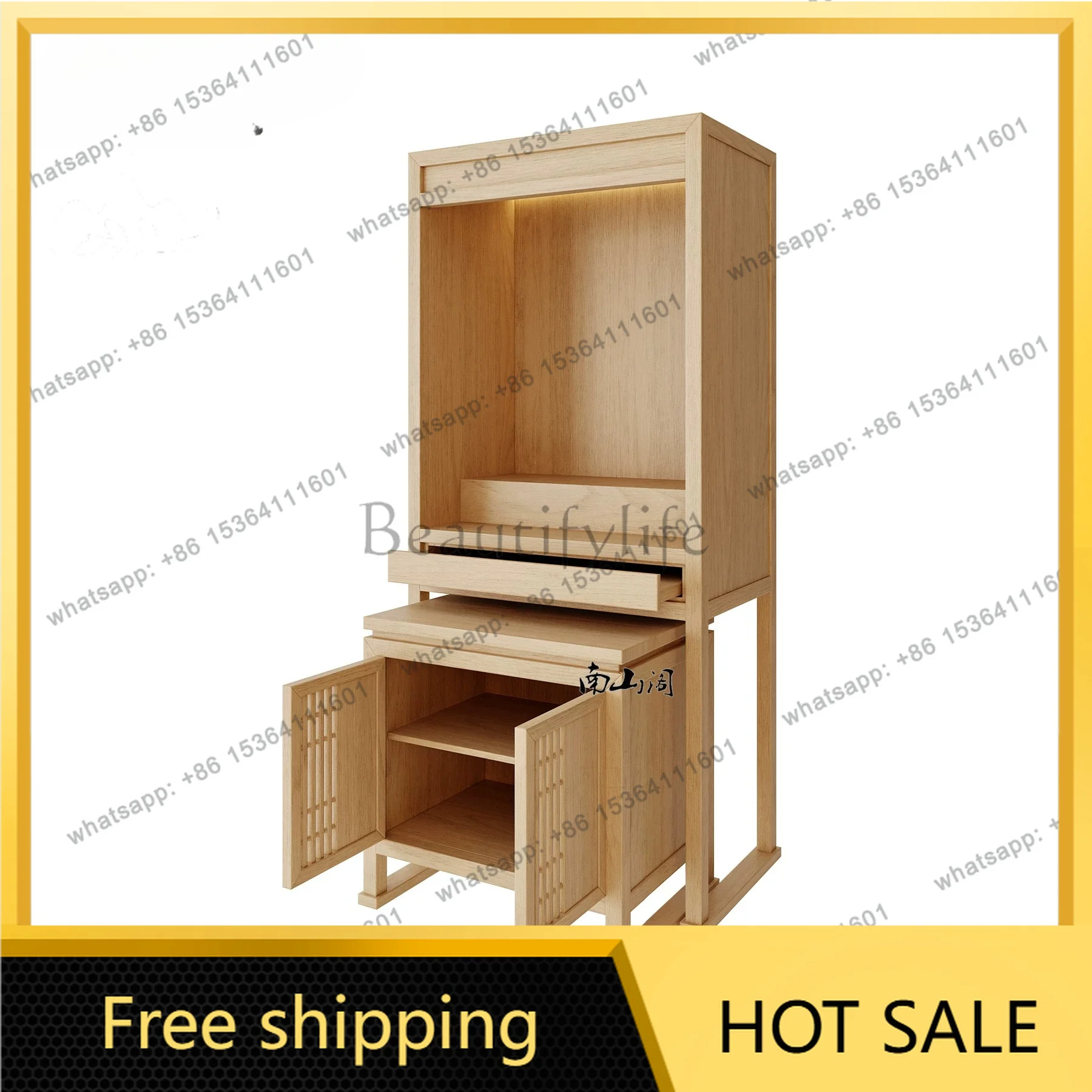 YJ New Chinese Style Home Standing Shrine Cabinet Altar Table For God of Wealth Guanyin Household Worship Unit With Door