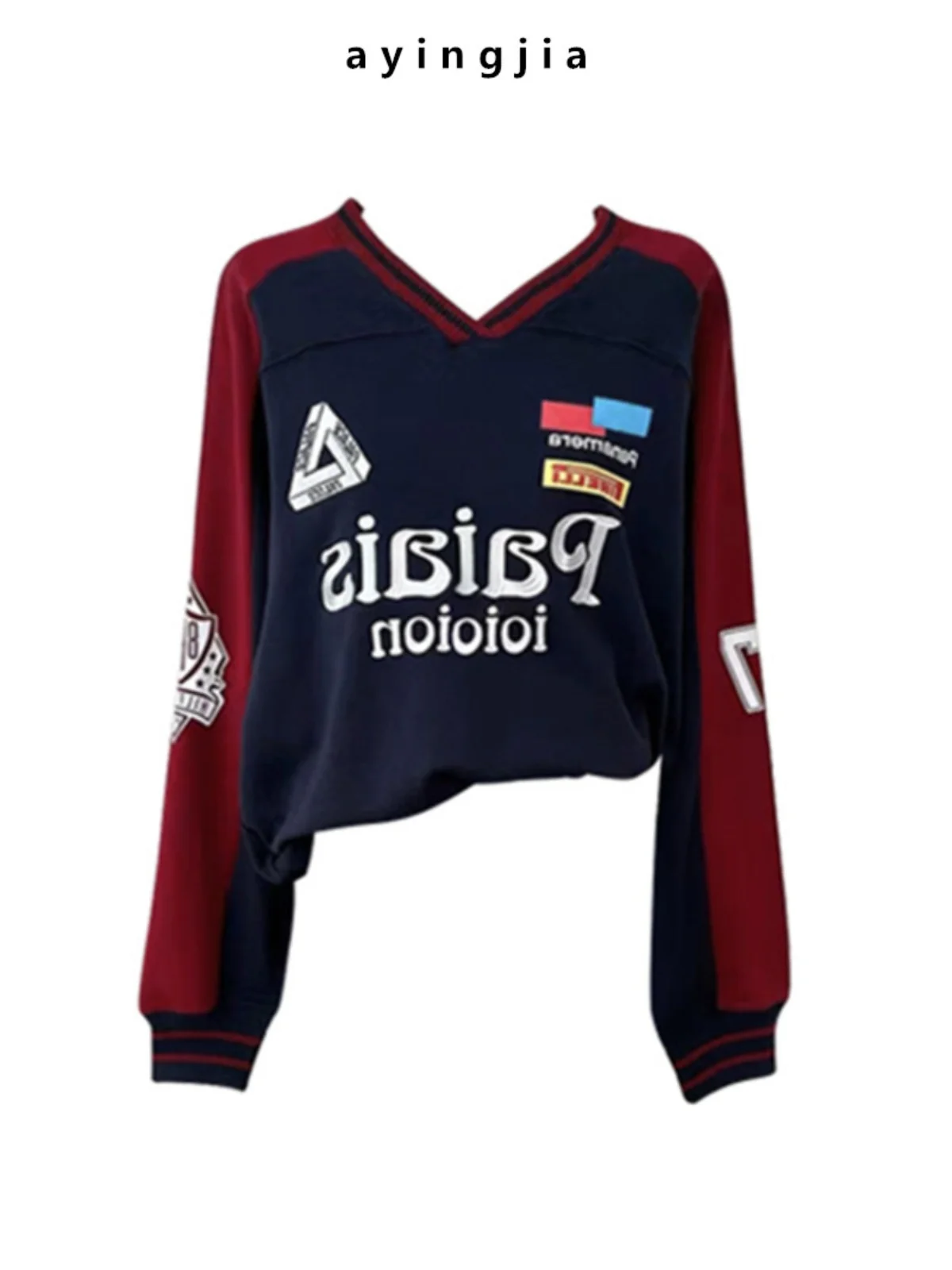 

American Style Loose Fit V-Neck Sweatshirt Women's Spring Autumn Trendy Retro Top City Walk Bond Street Large Size T-Shirt