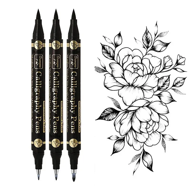 3 Pc/lot Double Head Multifunction Brush Pen Set, Black Ink Calligraphy Pens, Art Markers 4 Size for Student Supplies