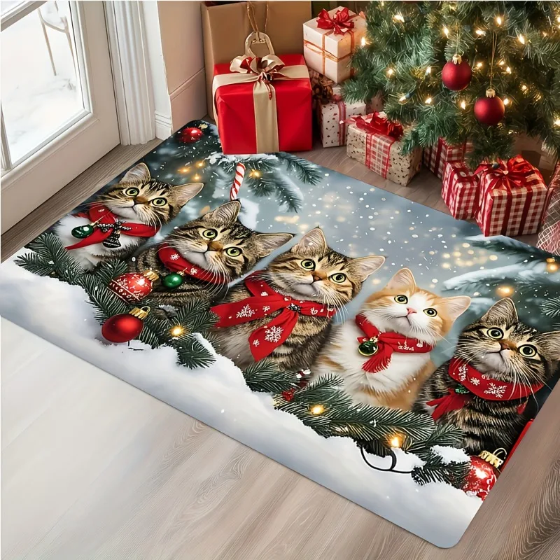 Christmas Cat Flannel Doormat Cute Kitten Red Scarf Anti Slip Front Door Mat Winter Holiday Home Entrance Decor Giftsy