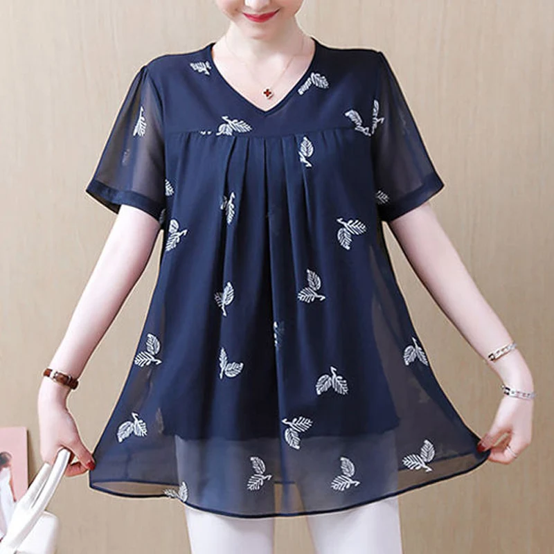 Summer New Thin Chiffon Floral Loose Shirt Tops O-Neck Short Sleeve Printing Plus Size Blouse Vintage Fashion Women Clothing