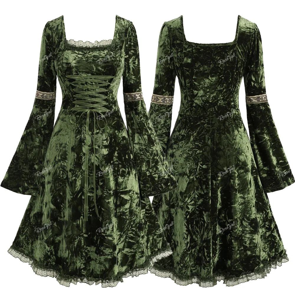 ROSEGAL Plus Size Gothic Velvet Dress Green Square Collar Lace-up Lace Trim Bell Sleeves Dress Women Semi Formal,Vacation Dress