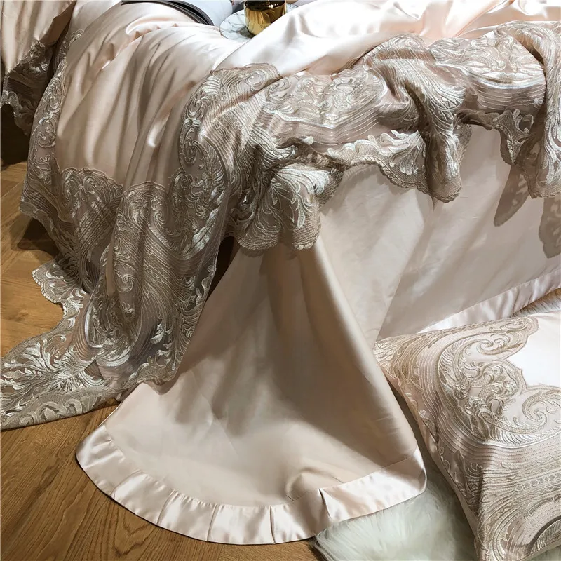 High Quality Champagne Color Bedding Set, Elegant Hollow out Lace Comforter Cover, Soft Silky Bed Cotton Duvet Cover Set 4pcs