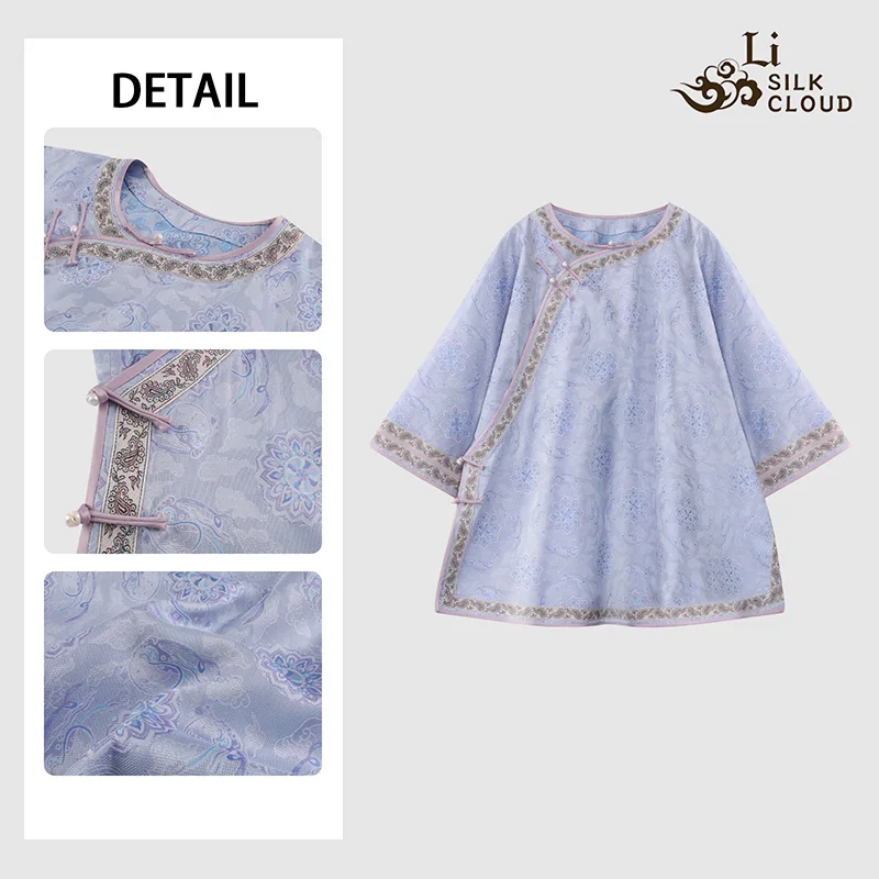 LI SILK CLOUD xiangyunsha Stand-Collar Short Sleeve Top Ancient Style Oriental Patterns Guangdong Black Pearl  Guangdong Gauze