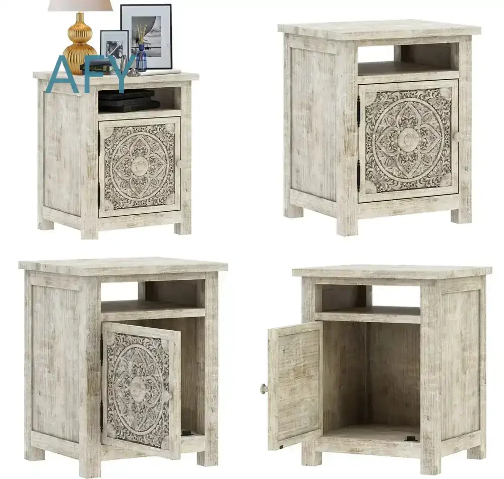 Handcrafted Convertible Solid Teak Wood Nightstand for Bedroom Furniture | Mandala Carving Distressed Whitewashed Bedside